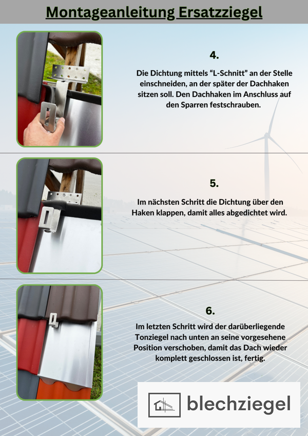 Montageanleitung für Blechziegel als Ersatzziegel, Darstellung der Schritte zur Abdichtung und finalen Positionierung des Dachziegels nach der PV-Vorbereitung.
